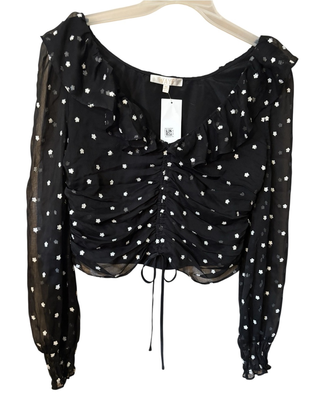 NWT Wayf Blouse XS Black White Floral Ruched Sheer Long-Sleeve Ruffle Crop Top - Picture 3 of 16